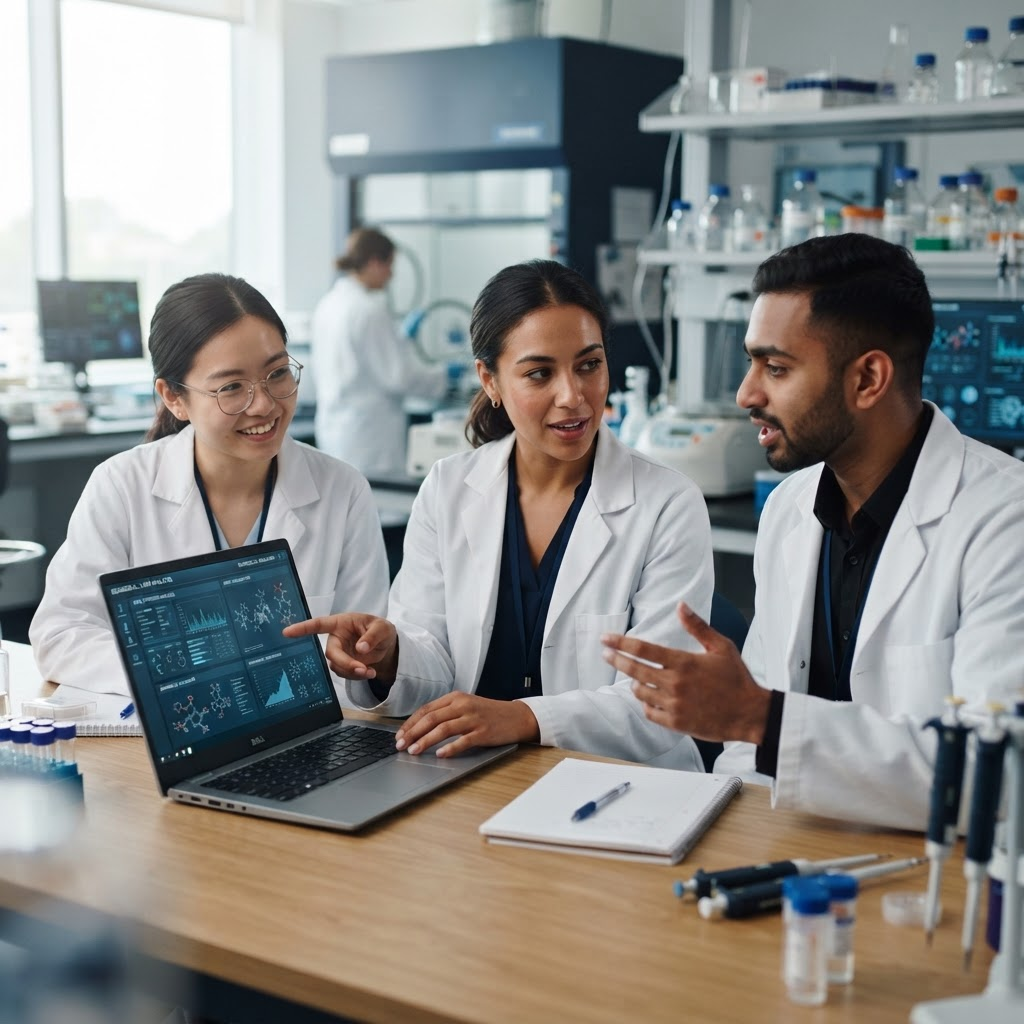 Students collaborating over research work in a modern laboratory